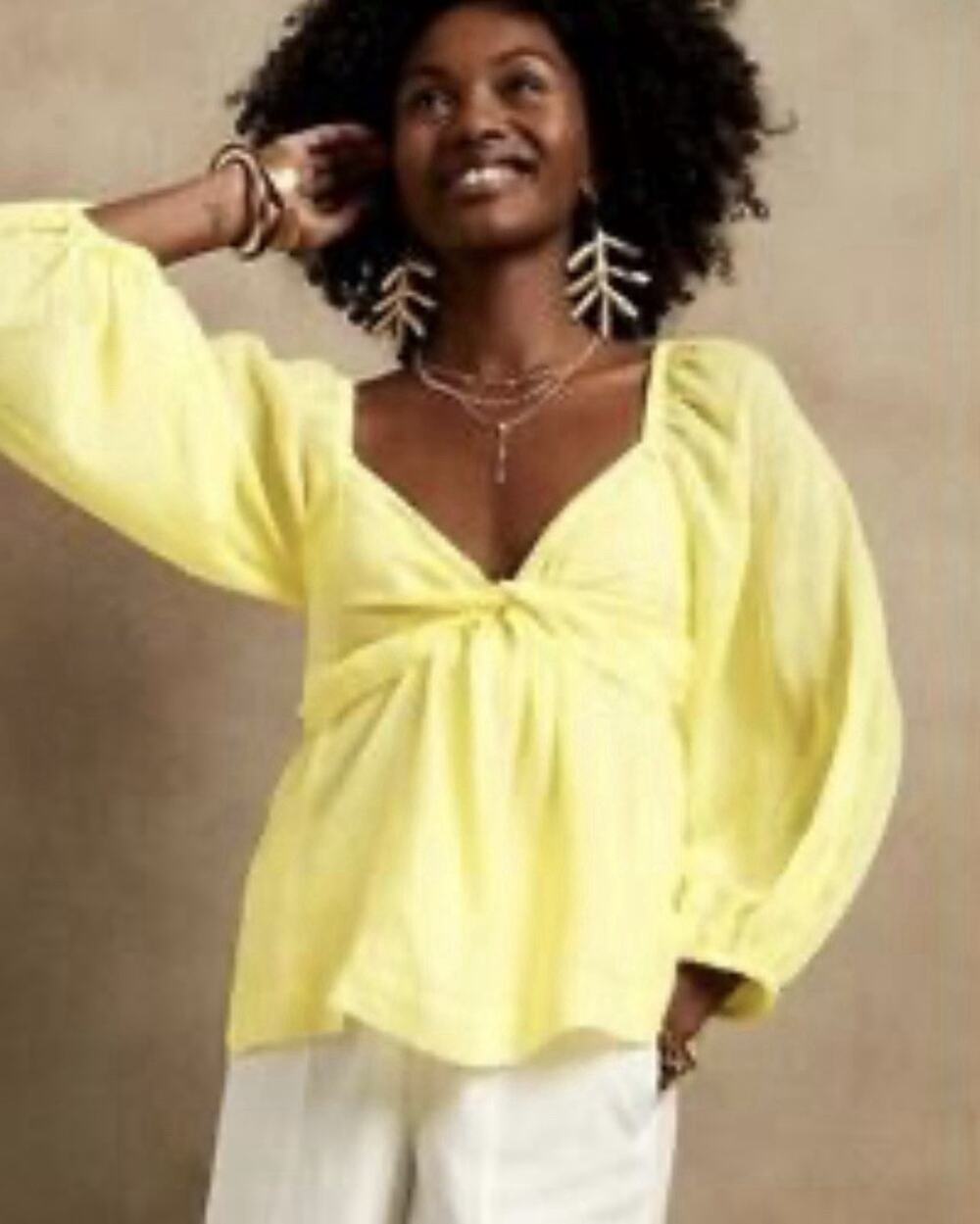 Banana Republic Top Ramie Linen Blend Balloon Sleeve Yellow S NWOT